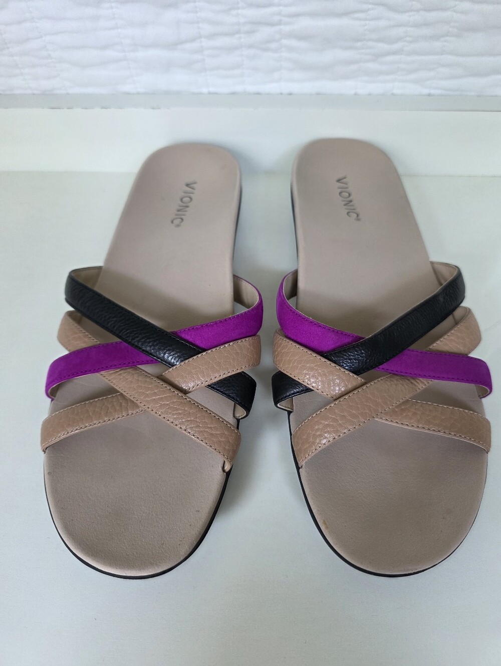 Vionic Dava Slides Women’s Neutral & Purple Strappy Comfort Sandal 9.5